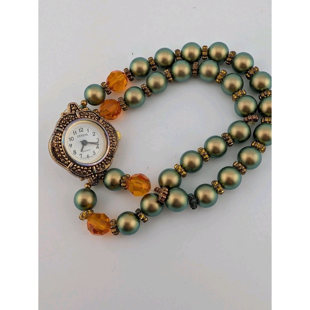 Geneva Watch Women 25mm Case Green & Orange Beaded Stretch Band- New Battery
